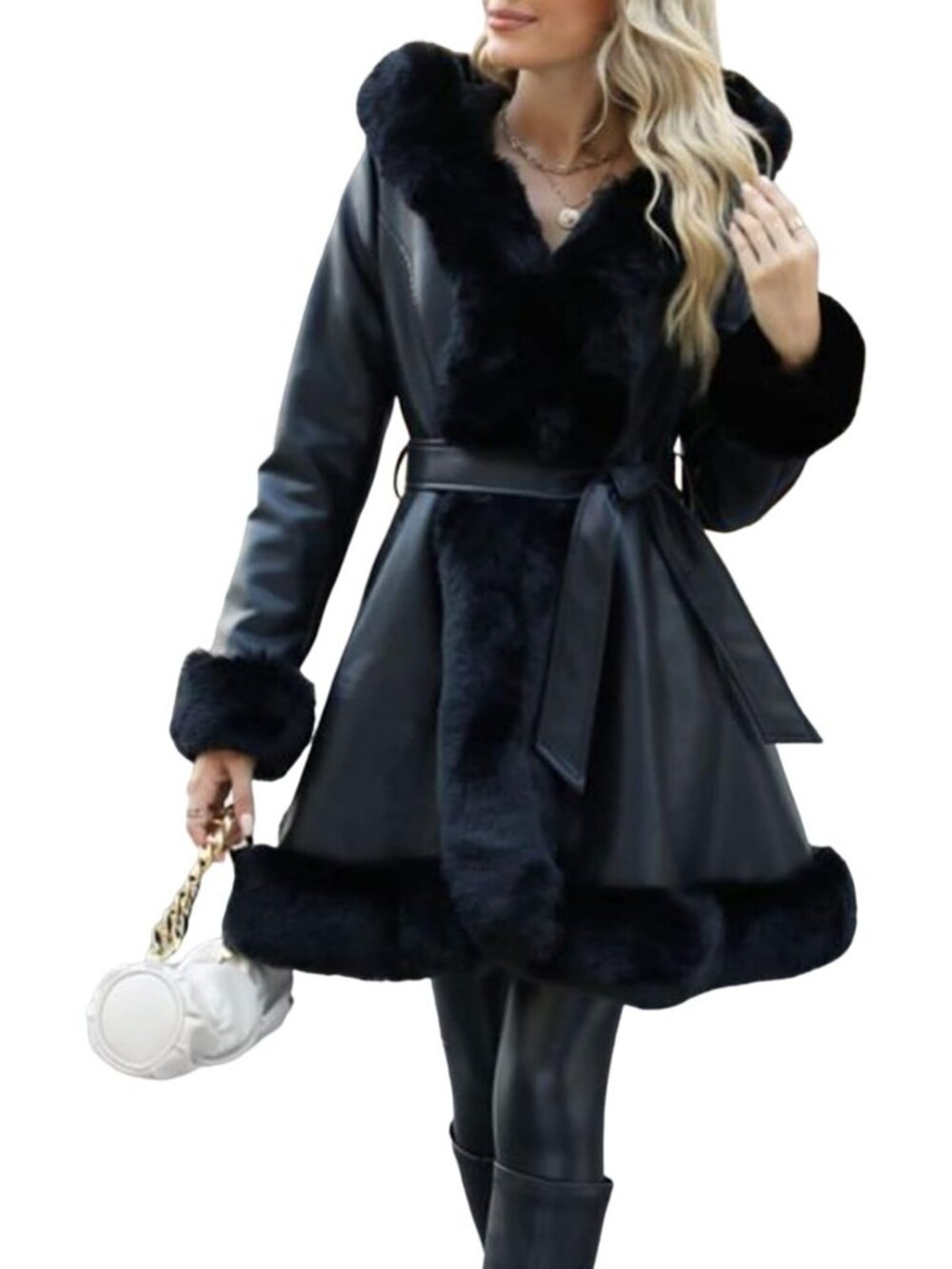 Chic Women's Faux Leather Jacket with Furry Trim, Stylish Parka Coat for All